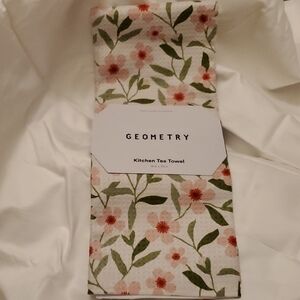 NWT Geometry Kitchen Tea Towel Pink Floral & Green Leaf Design - 18 in x 30 in